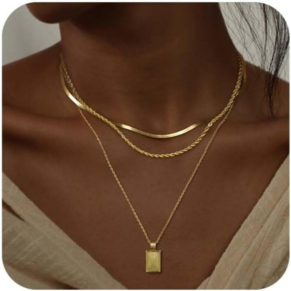 Women's Stackable Stack 14K Real Gold Plated Silver Chain Necklace Diamond